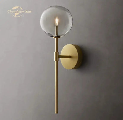 Brass-finished DecorBites LED glass globe wall sconce with clear globe and slender rod for modern indoor lighting