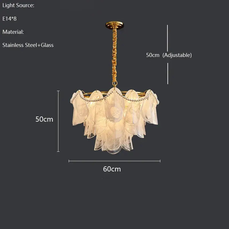 Elegant gold-toned DecorBites LED glass pendant light with cascading translucent petals and stainless steel chain, modern hanging lamp