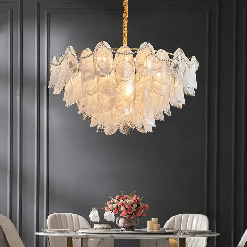 Elegant decorbites led glass pendant light with translucent amber glass shells and ornate gold chain for modern decor