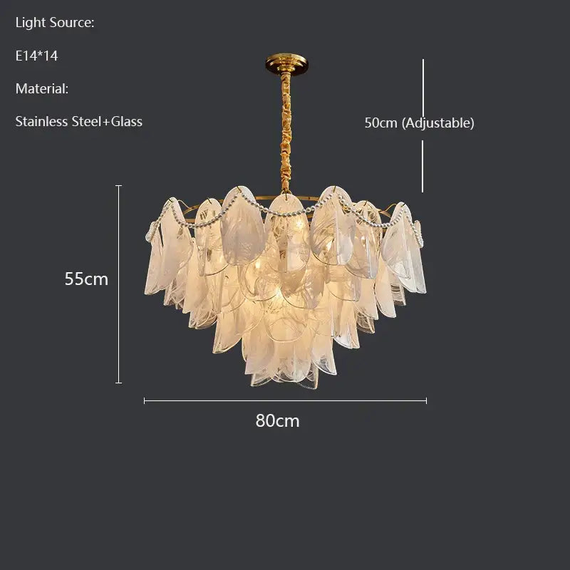 Elegant decorbites led glass pendant light with cascading translucent golden leaf glass and gold stainless steel frame