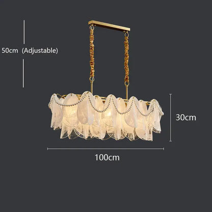 Elegant gold-toned pendant light with cascading translucent fabric petals and beads by DecorBites led glass hanging lamp
