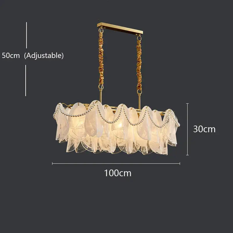 Elegant gold-toned pendant light with cascading translucent fabric petals and beads by DecorBites led glass hanging lamp