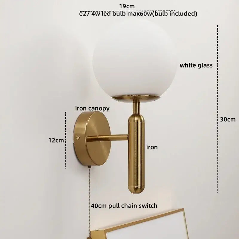 Gold-toned decorbites led glass iron wall light with frosted white globe and pull chain switch for living room and corridor