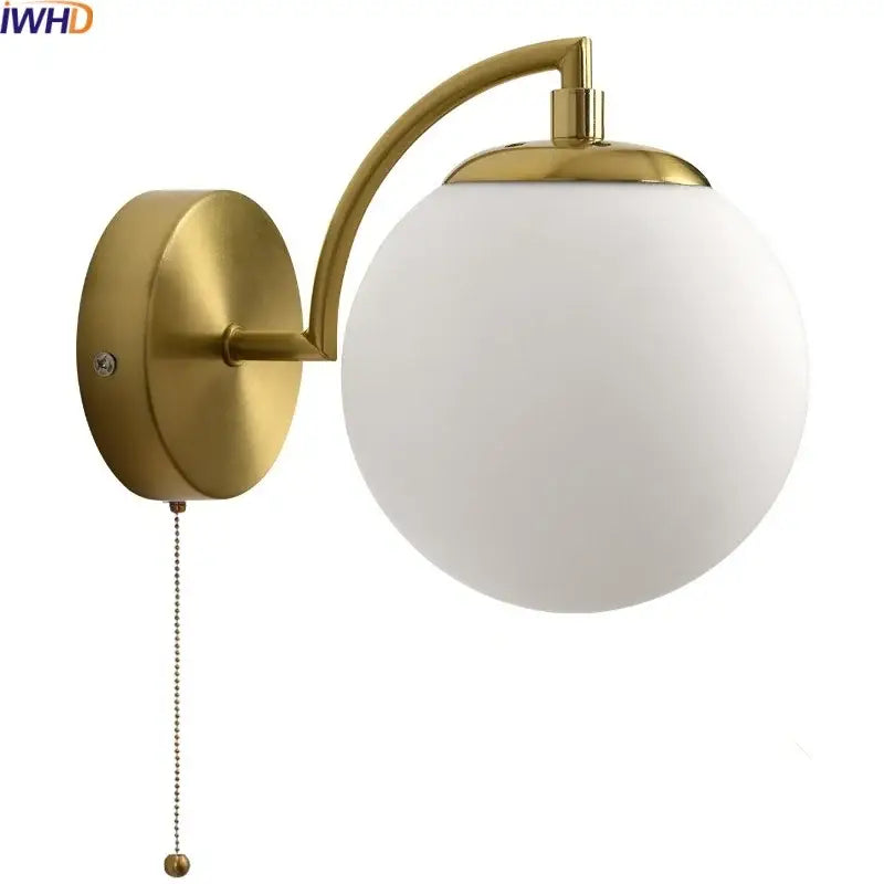 Gold-finished decorbites led glass iron wall light with frosted white spherical shade and curved arm for living room