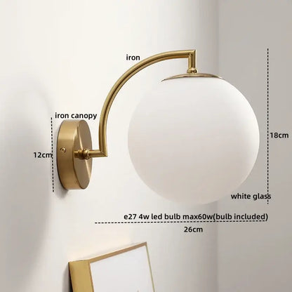 Gold-toned DecorBites led glass iron wall light with frosted globe and pull chain switch for corridor living room bedroom