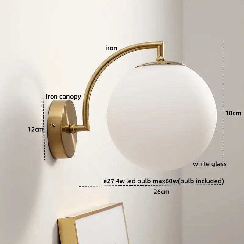 Gold-toned DecorBites led glass iron wall light with frosted globe and pull chain switch for corridor living room bedroom