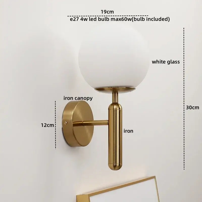 Gold-toned decorbites led glass iron wall light with frosted globe and pull chain for corridor or bedroom use