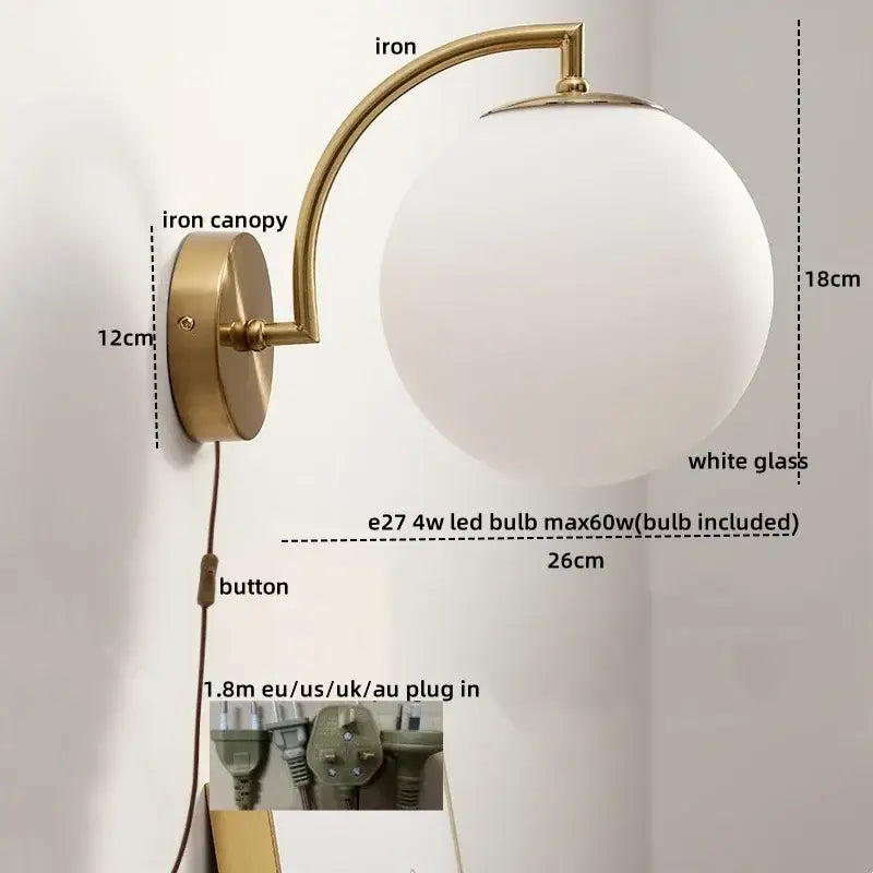Gold-toned decorbites led glass iron wall light with frosted globe and pull chain switch for corridor living room bedroom
