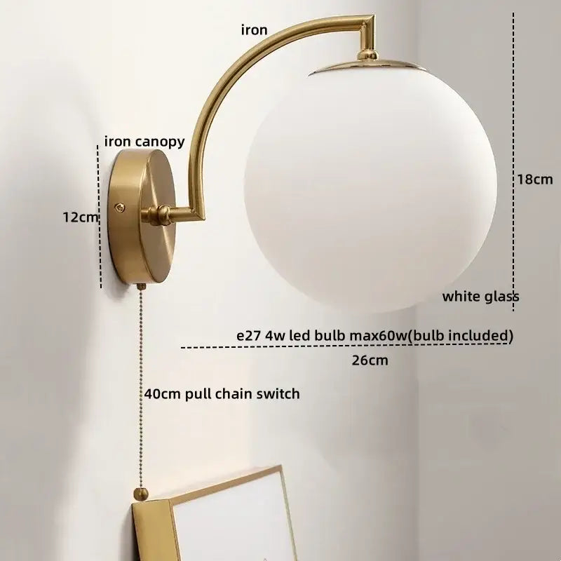 Gold-toned decorbites led glass iron wall light with frosted globe and pull chain switch for corridor and living room