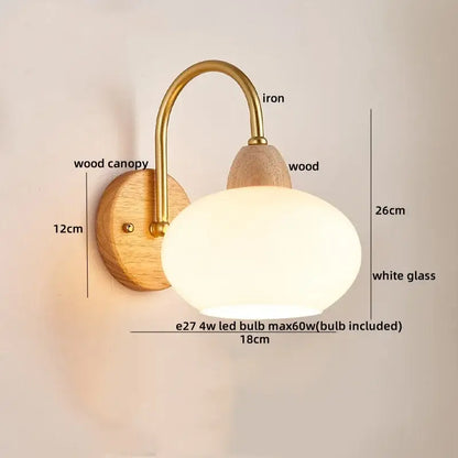 Decorbites led glass iron wood wall light fixture with brass arm natural wood canopy and white oval glass shade