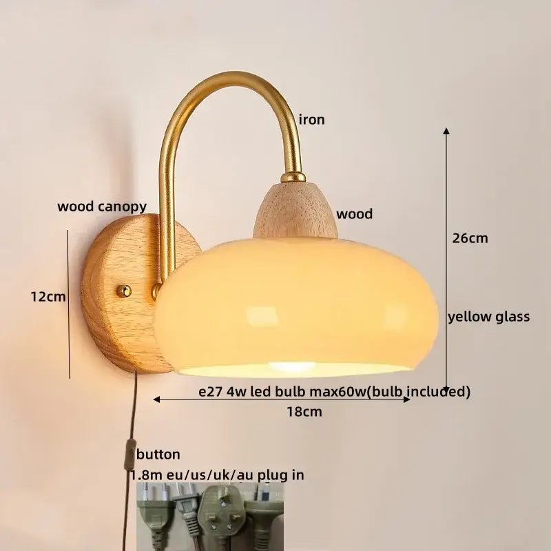 Decorbites™ warm yellow glass led wall light fixture with curved brass iron arm and wooden canopy modern nordic design