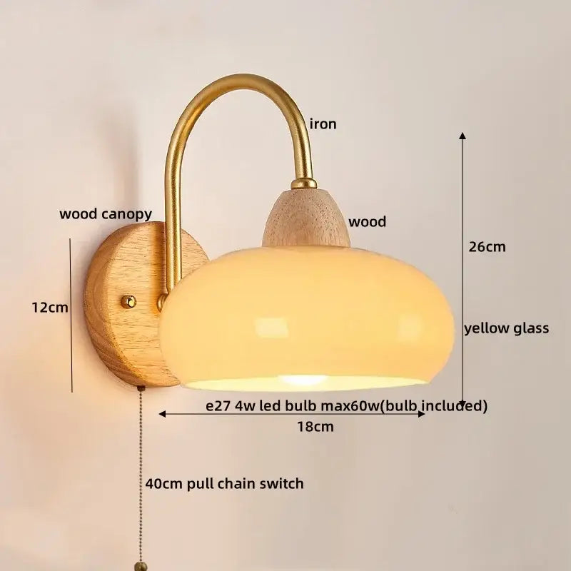 DecorBites™ LED warm yellow glass wall light fixture with brass iron arm and wooden canopy for modern bedside use