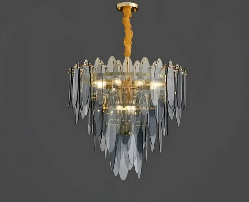 Decorbites led glass metal leaf chandelier with cascading blue glass leaves and gold-toned frame for luxury home decor