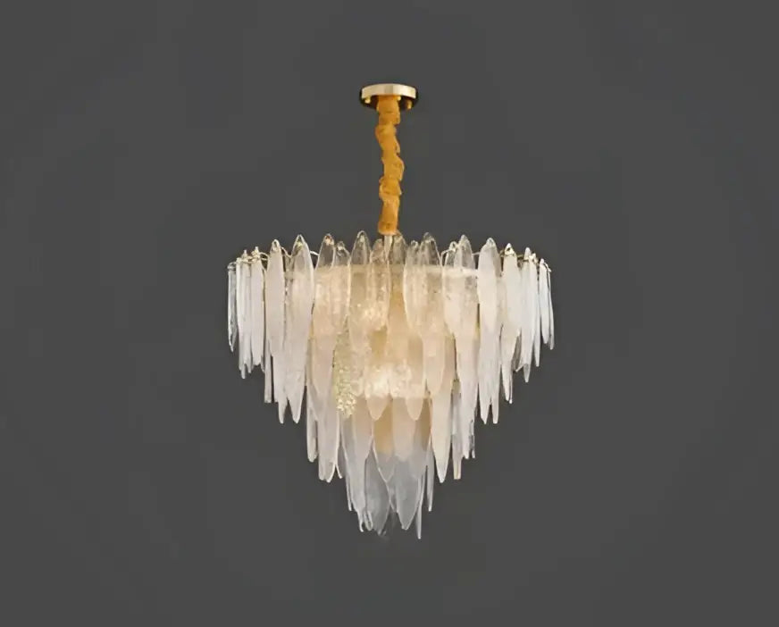Decorbites led glass metal leaf chandelier with cascading translucent glass leaves and twisted gold-toned chain for luxury lighting