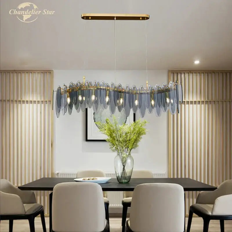 Modern blue glass chandelier with gold-toned decorbites led glass metal leaf frame for luxury home lighting