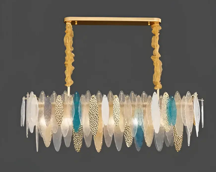 Gold-toned DecorBites LED glass metal leaf chandelier with cascading translucent white teal and gold glass leaves for home decor