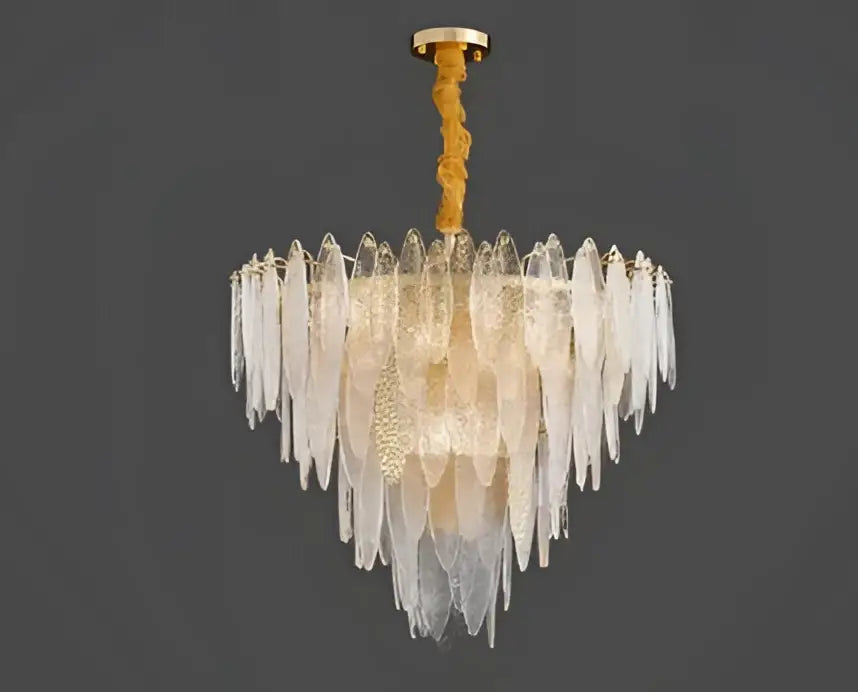 A decorbites led glass metal leaf chandelier with cascading frosted glass shards and ornate golden stem for luxury lighting