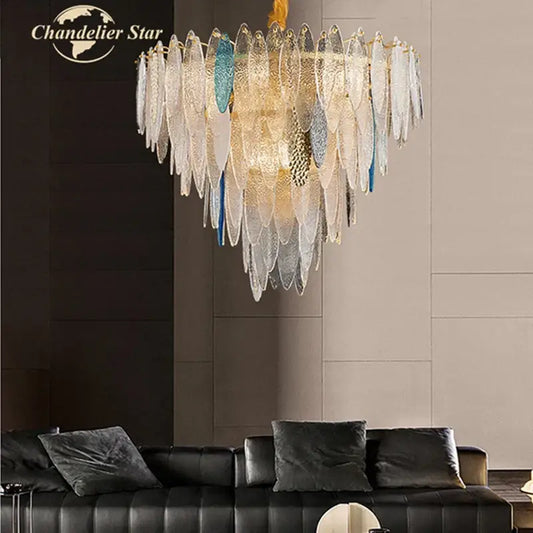 Elegant decorbites led glass metal leaf chandelier with layered iridescent white and blue shades for luxury home decor