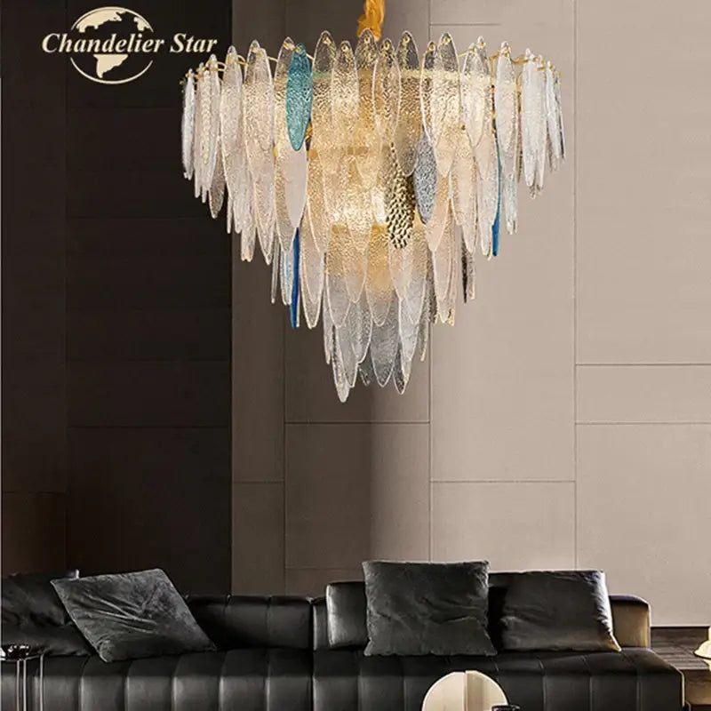 Elegant decorbites led glass metal leaf chandelier with layered iridescent white and blue shades for luxury home decor