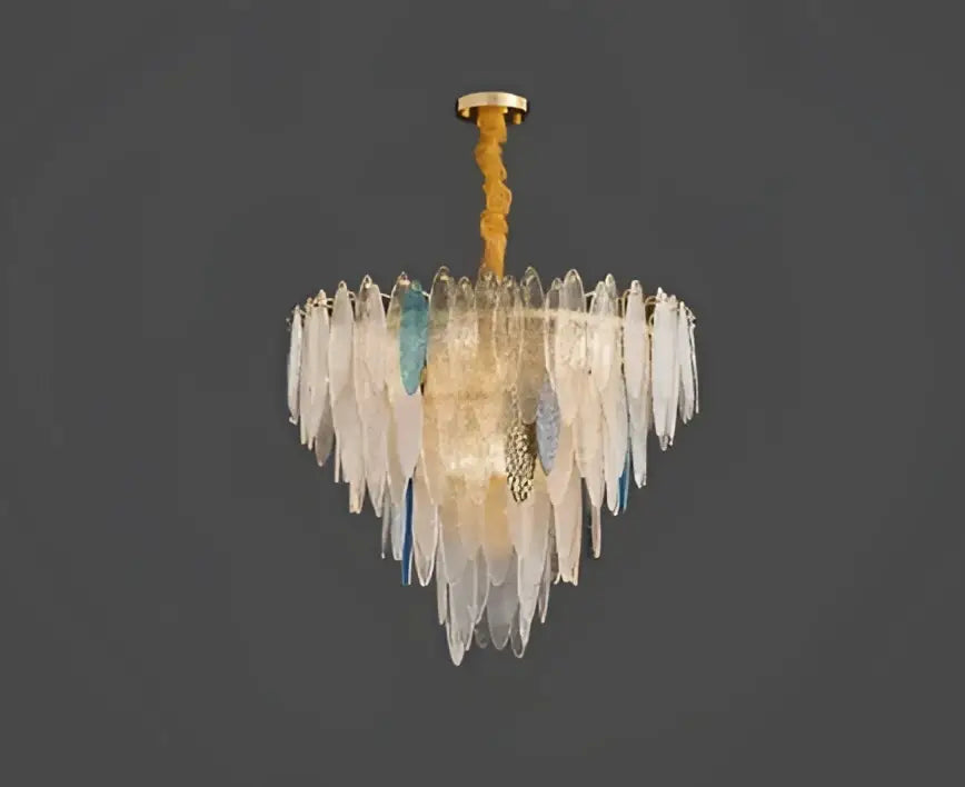 Decorbites led glass metal leaf chandelier with cascading clear blue and amber glass for luxury home lighting