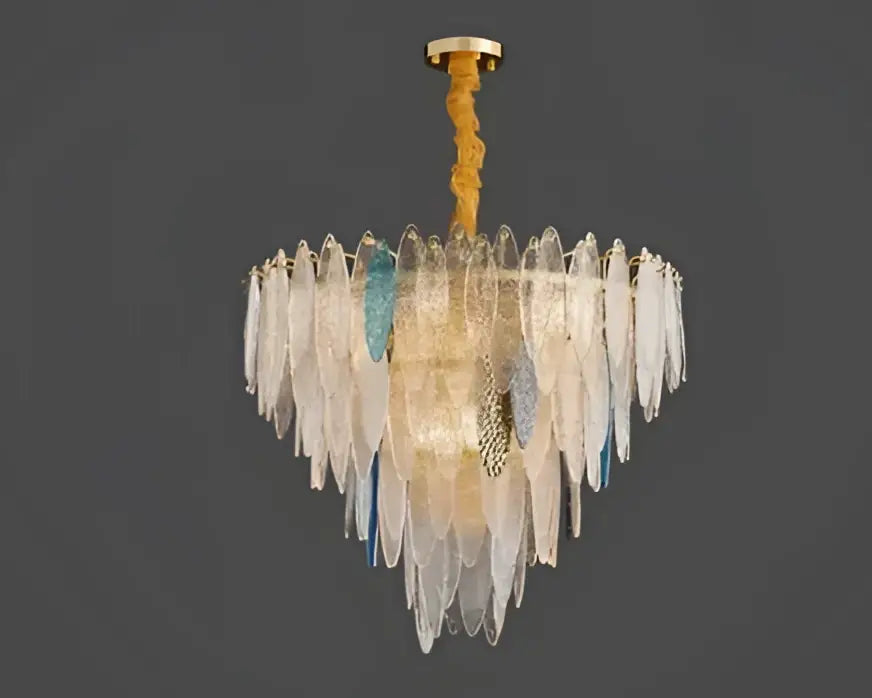 Decorbites led glass multi-tiered chandelier with cascading white and blue glass metal leaf design for luxury home decor