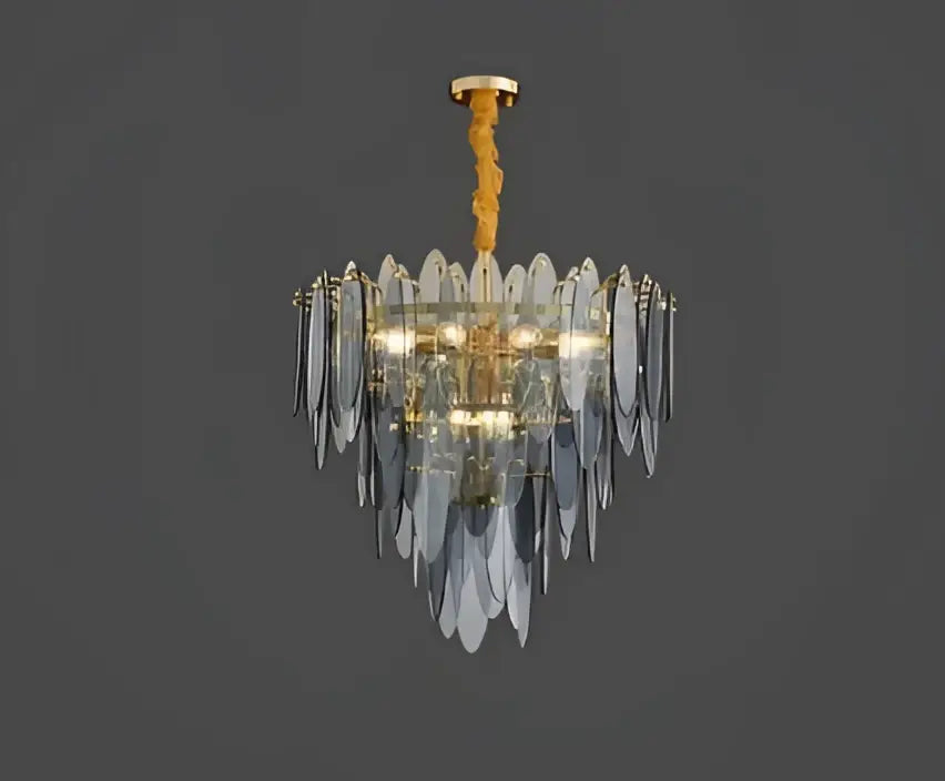 DecorBites led glass metal leaf chandelier with cascading clear and blue glass leaves and gold-toned chain for home decor