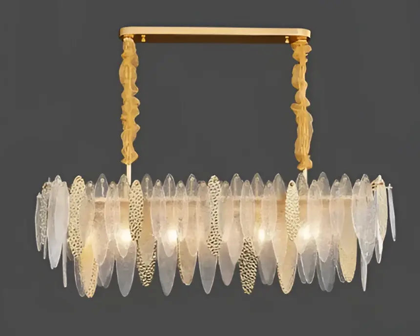 Gold-toned decorbites led glass metal leaf chandelier with cascading translucent leaves and ornate textured chains for luxury decor