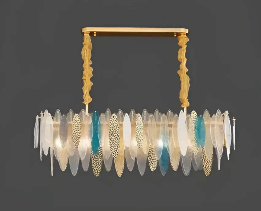 A modern decorbites led glass metal leaf chandelier with gold frame and translucent white blue amber glass plates