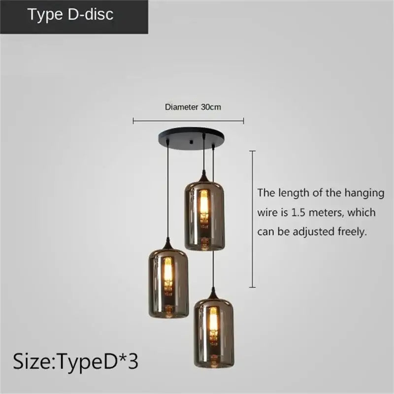 Set of three decorbites led glass pendant chandelier lights with smoked glass shades and black metal fixtures for kitchen decor