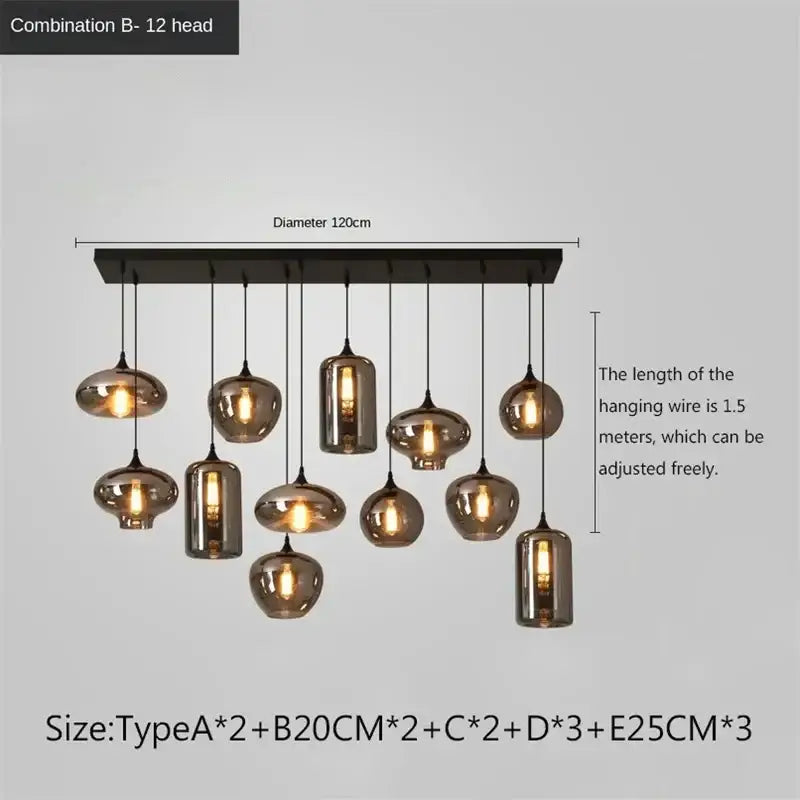 Modern black rectangular frame pendant chandelier with amber-tinted decorbites led glass pendant lights for kitchen decor