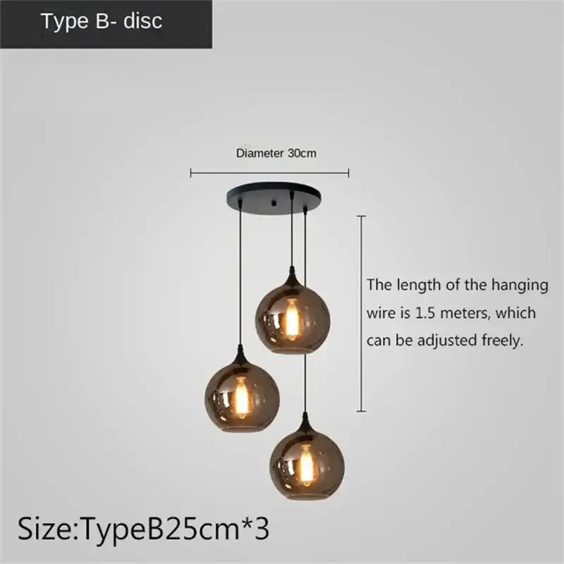 Set of three amber glass globe pendant chandelier lights with black metal fixtures by DecorBites led glass pendant