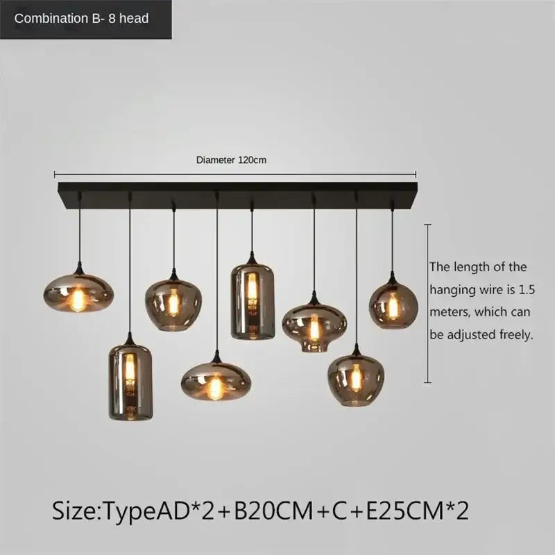 Modern decorbites led glass pendant chandelier with eight smoked glass lights on black rectangular bar for dining decor