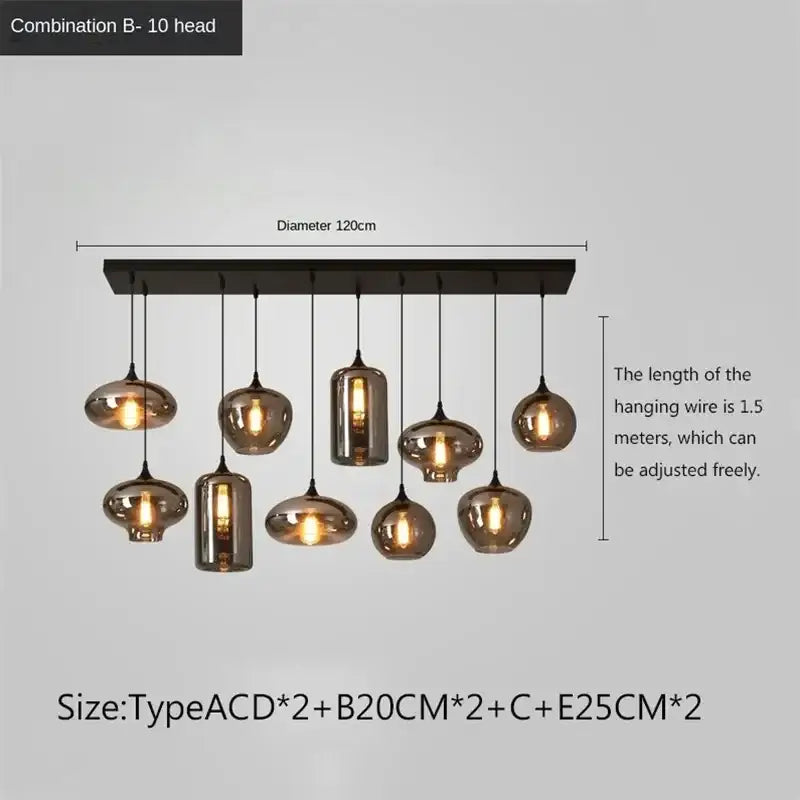 Modern decorbites led glass pendant chandelier with ten smoked glass pendants suspended from black bar for dining bar décor