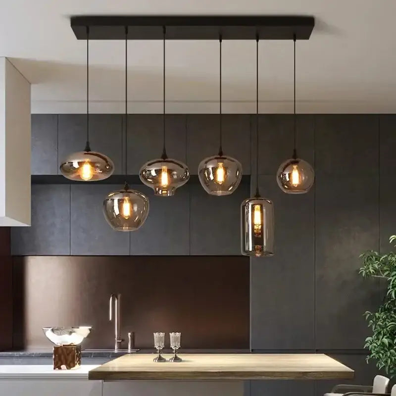Modern black rectangular decorbites led glass pendant chandelier with five warm-toned glass lights for kitchen dining bar décor