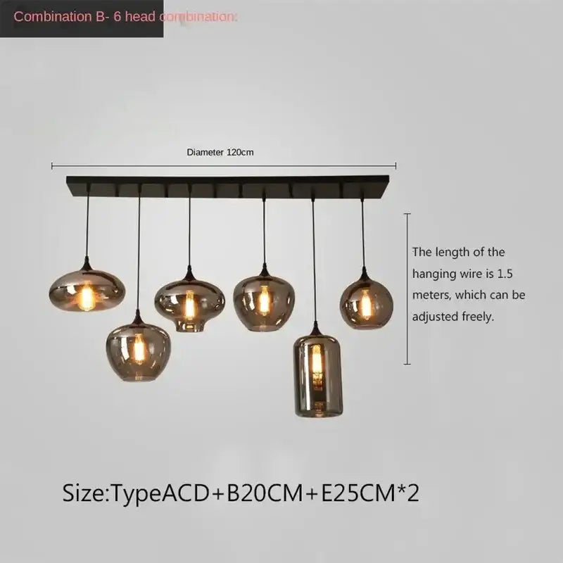 Modern six-head pendant chandelier with smoked glass shades and matte black bar decorbites led glass pendant fixture