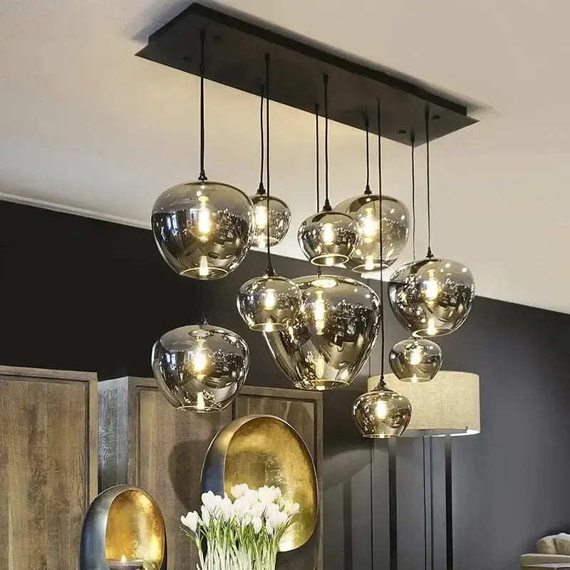 Modern DecorBites™ LED glass pendant chandelier with spherical glass shades and black ceiling mount for kitchen décor