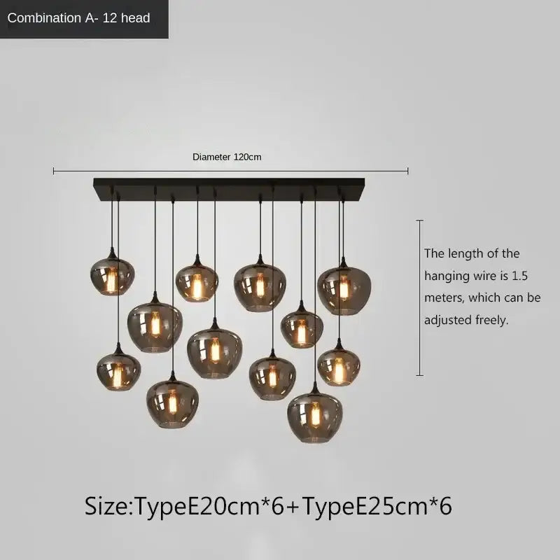 Modern black metal pendant chandelier with twelve amber-tinted globes by DecorBites LED glass pendant for kitchen decor