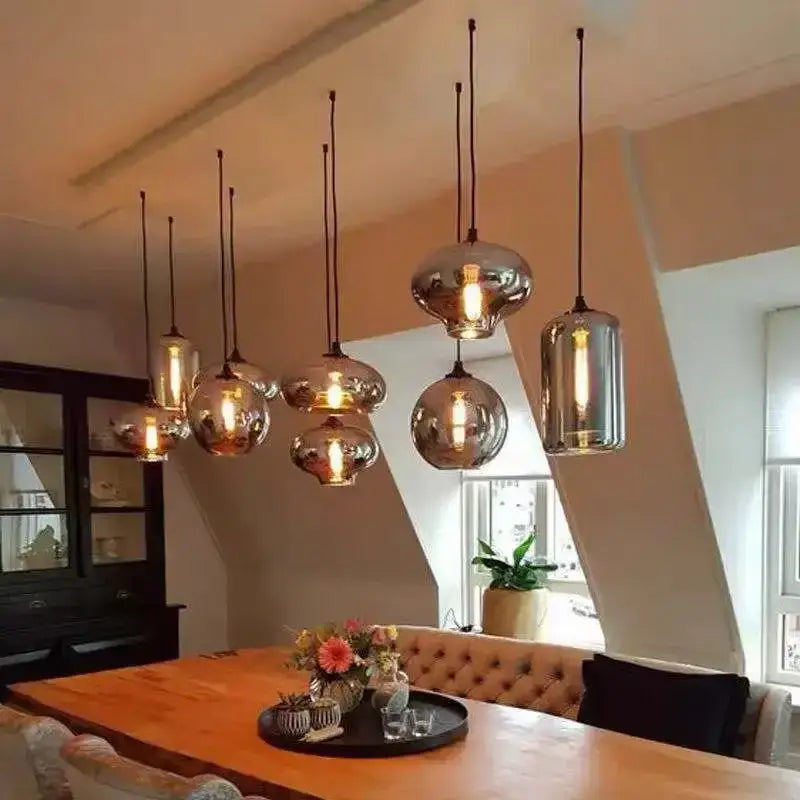 Decorbites led glass pendant chandelier with metallic finishes and warm glowing bulbs for kitchen dining bar décor
