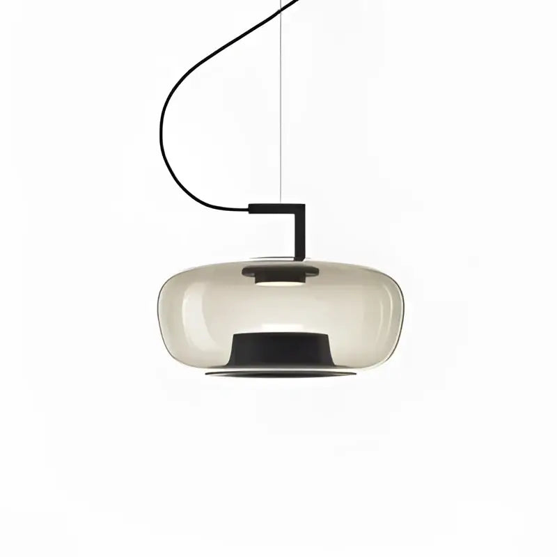 A sleek translucent smoked glass pendant chandelier with black metal frame and curved suspension by DecorBites LED glass