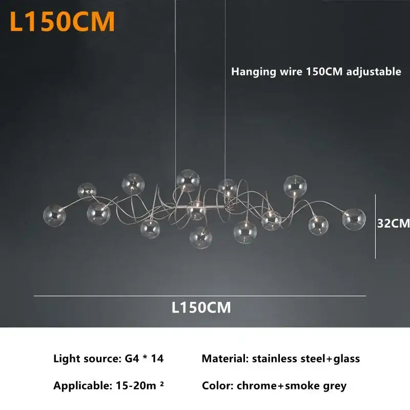 Chrome and smoke grey decorbites led glass pendant chandelier with stainless steel frame and spherical glass globes for living areas