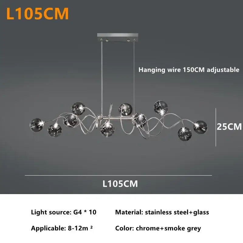 Chrome and smoke grey pendant chandelier with stainless steel frame and glass spheres decorbites led glass pendant