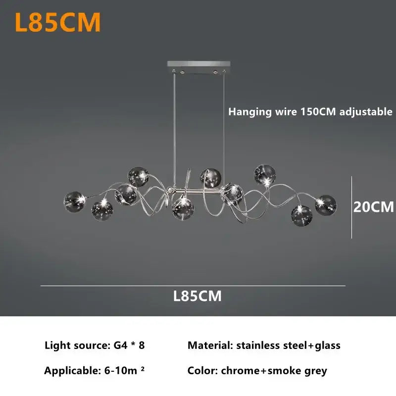 Chrome and smoke grey DecorBites LED glass pendant chandelier with stainless steel frame and adjustable wire for living spaces