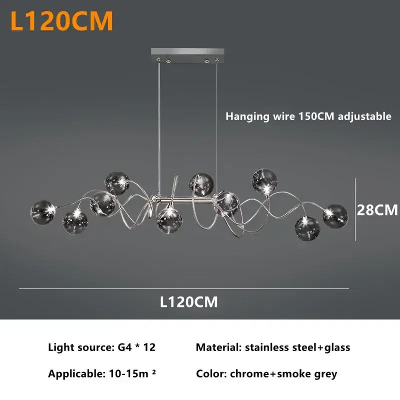 Chrome and smoke grey decorbites led glass pendant chandelier with curved stainless steel frame and twelve glass globe lights