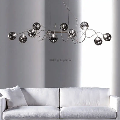 Modern chrome-finished decorbites led glass pendant chandelier with reflective spherical bulbs for living room and dining use