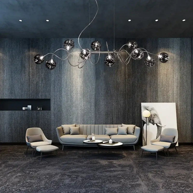 Modern chrome-finished DecorBites LED glass pendant chandelier with spherical bulbs for living room dining bedroom cafe