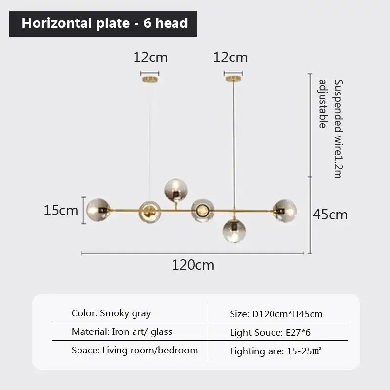Smoky gray modern pendant chandelier with six glass shades on iron frame decorbites led glass for dining room decor