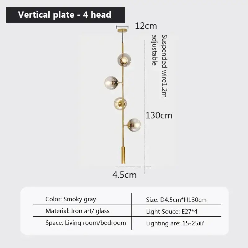 Decorbites led glass pendant chandelier with four smoky gray glass globes on iron frame for modern nordic decor