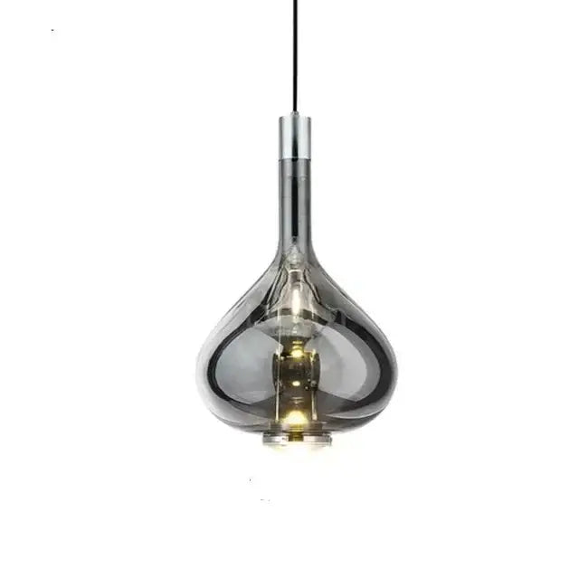 A decorbites™ led glass pendant lamp featuring a teardrop-shaped smoked glass shade and chrome metal fixture ideal for bars