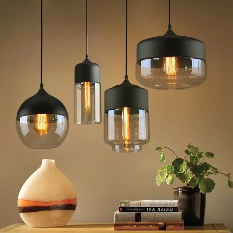 Decorbites led glass pendant lamp featuring black and clear glass with exposed filament bulbs for modern decor