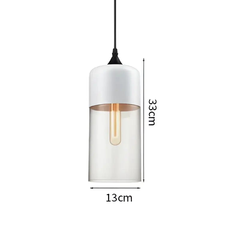 A sleek white cylindrical decorbites led glass pendant lamp with clear glass and exposed filament bulb for modern decor